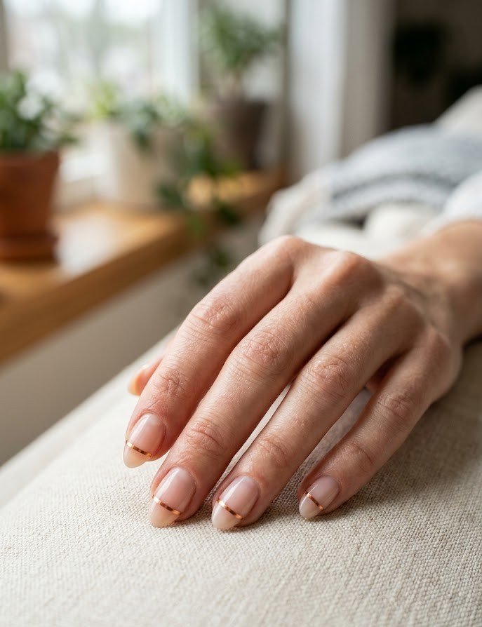 Short almond nails with a thin copper chrome negative-space line