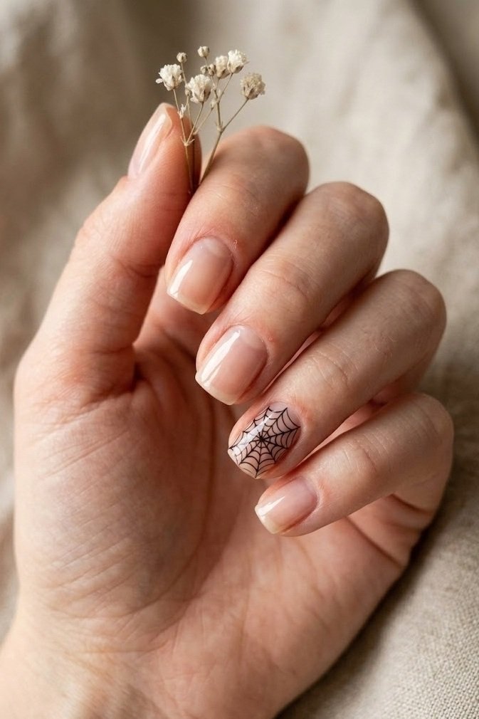 Short bare nails with one fine black negative-space spiderweb on the ring finger