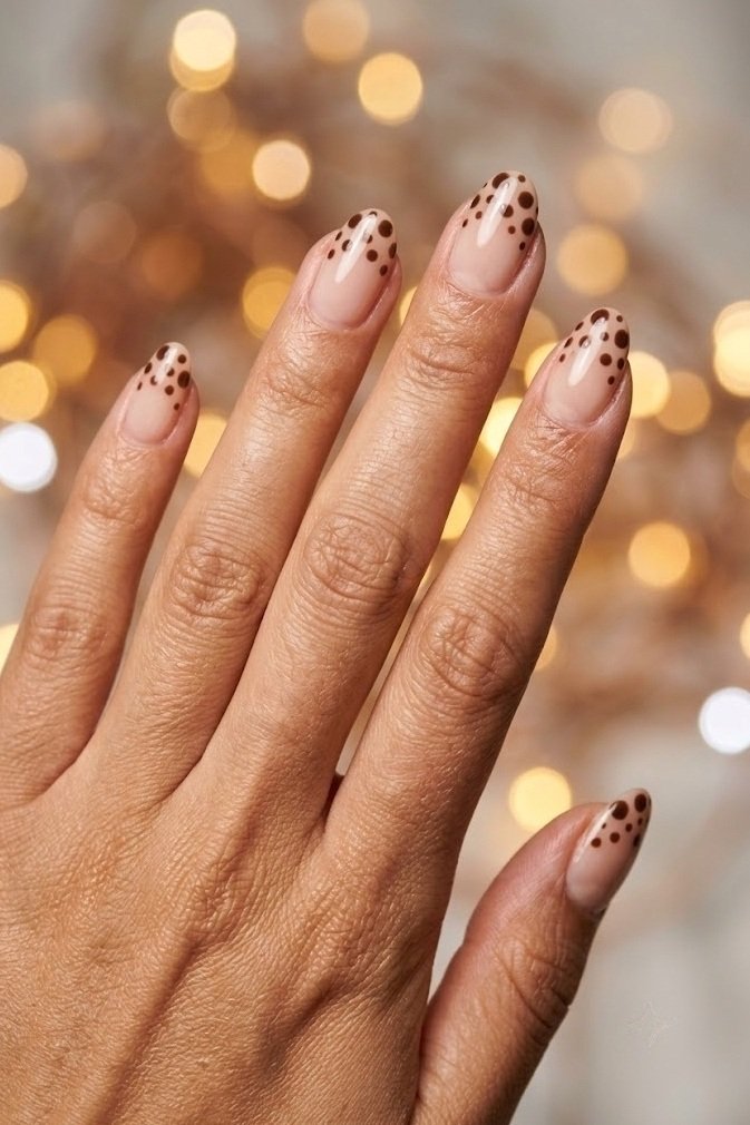 Negative space deer print nails with chocolate spots on the top third of sheer nude short almond nails