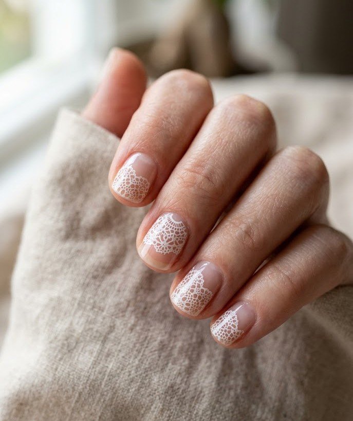 Negative-space doily nails on clear natural base