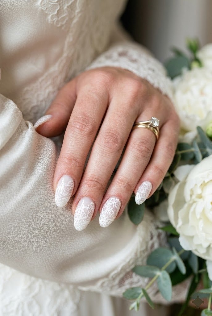 Negative space lace nails with lace only near the cuticle