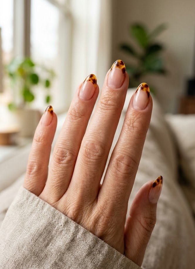 Negative-space tortoiseshell French tips on short almond nails