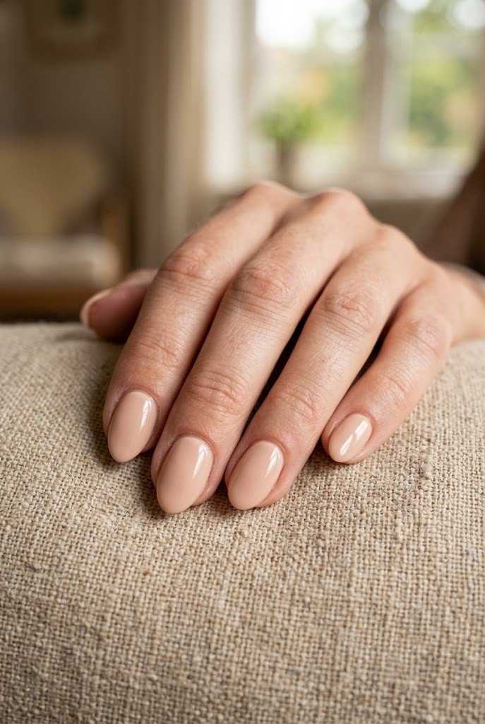 Short almond nails in a clean skin-tone nude polish
