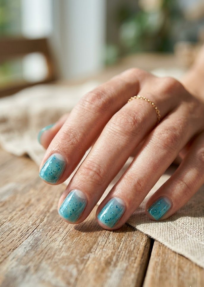 Translucent orange creamsicle jelly nails in golden-hour light