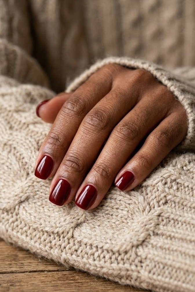 Short uniform glossy oxblood red nails with no art
