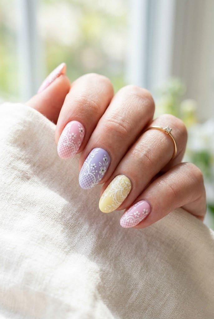 Pastel lace nails with micro-lace and tiny florals in pink lavender and yellow