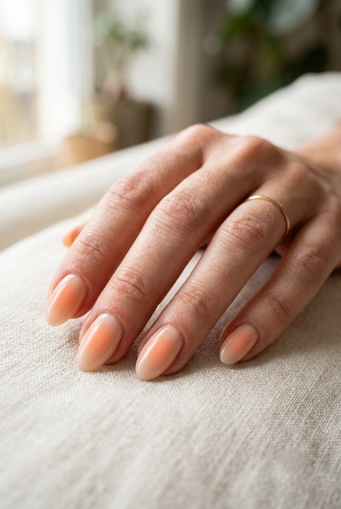 Soft peach aura nails on short almond shape