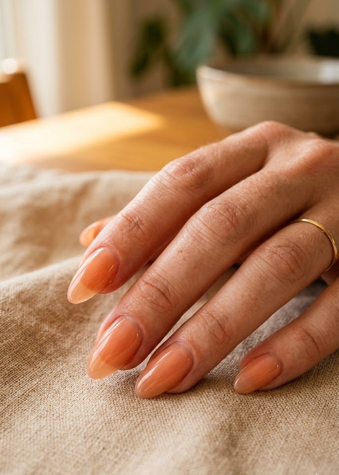 Translucent peach sorbet jelly nails glowing in warm light