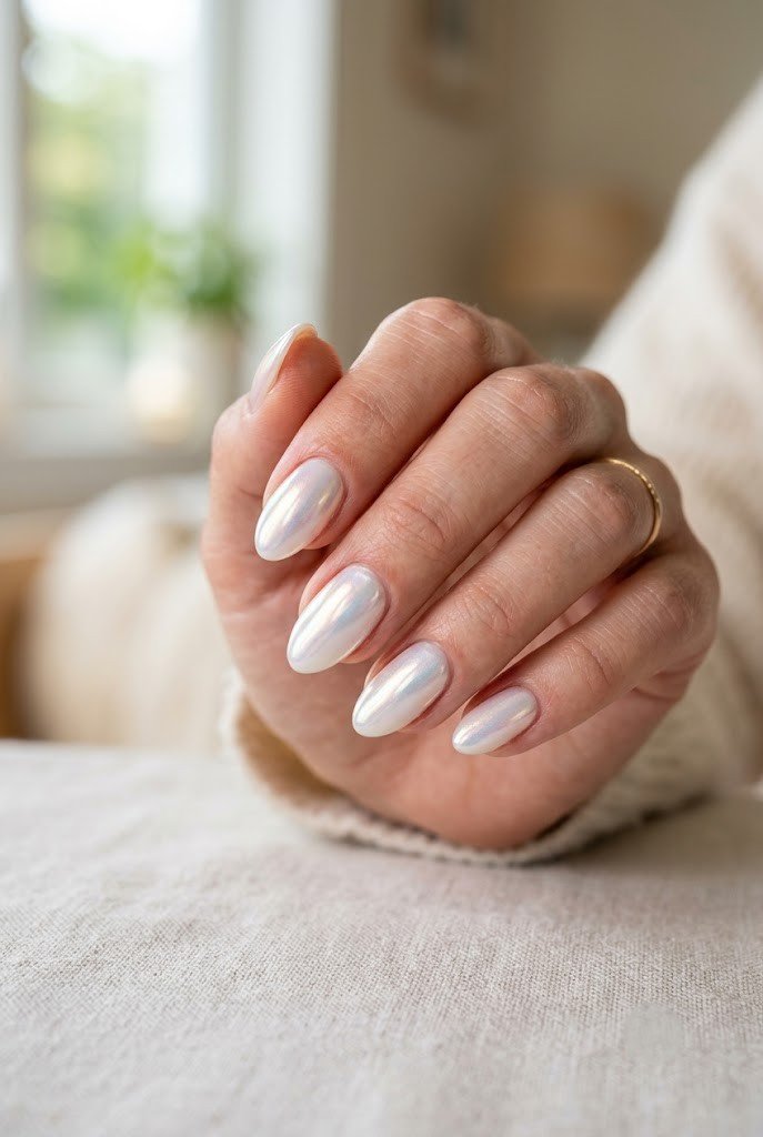 White pearl chrome short almond nails
