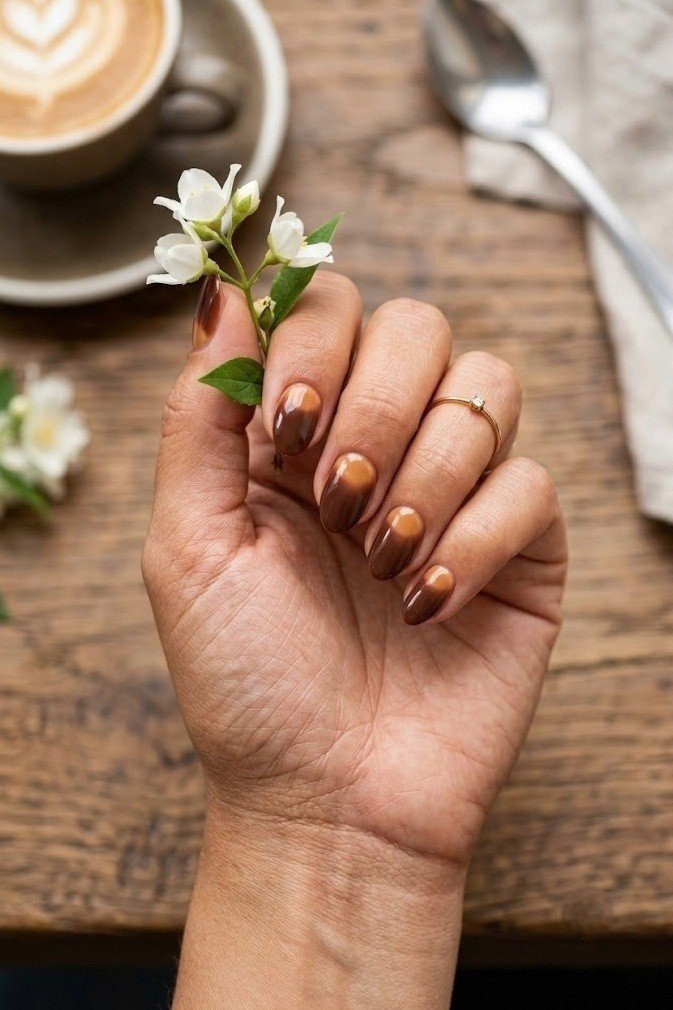 Pearl chrome buffed over chocolate brown French tips on short almond nails