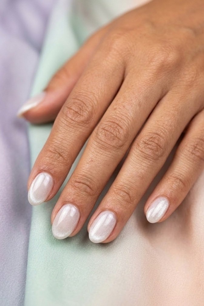Milky pearl white velvet nails on short soft almond nails with a faint silver shift