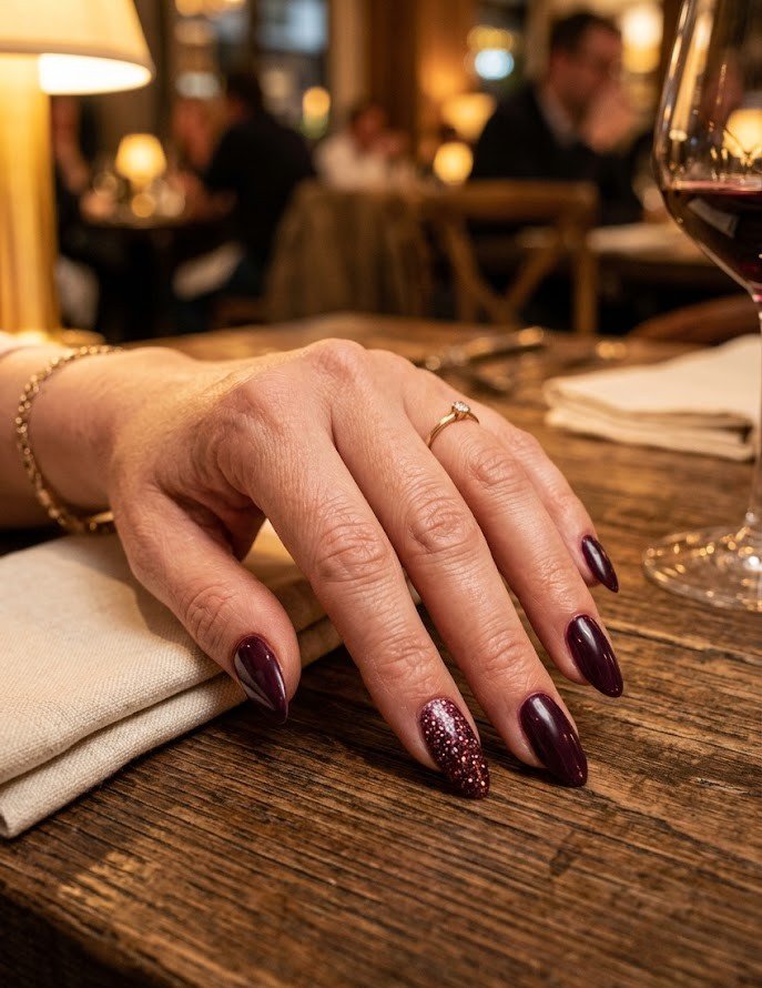 Dark plum almond nails with one glitter accent nail