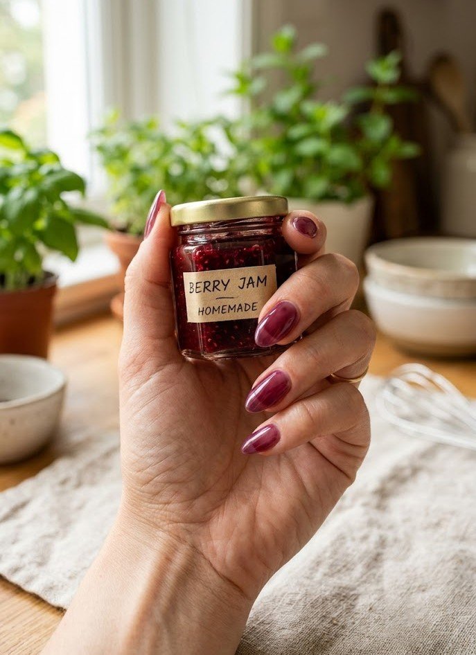 Sheer plum jelly almond nails with a glassy jam-like finish
