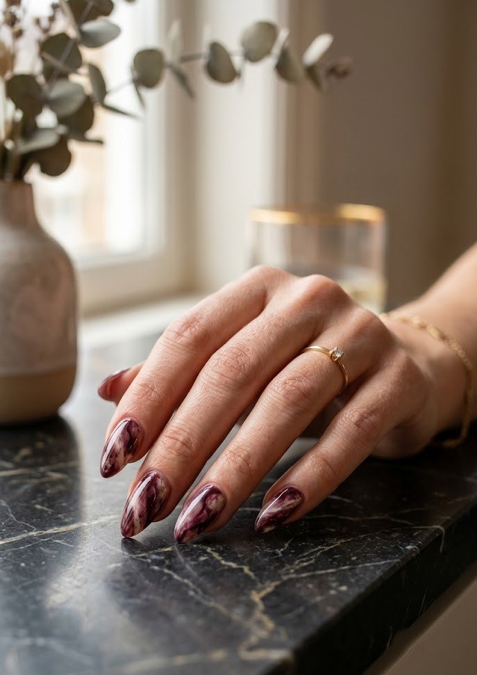 Plum and burgundy marble nail art on almond nails