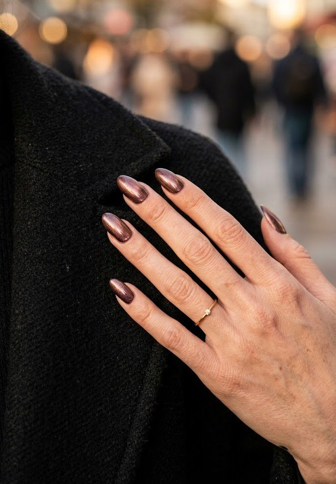 Pearl shimmer topper over dark plum almond nails