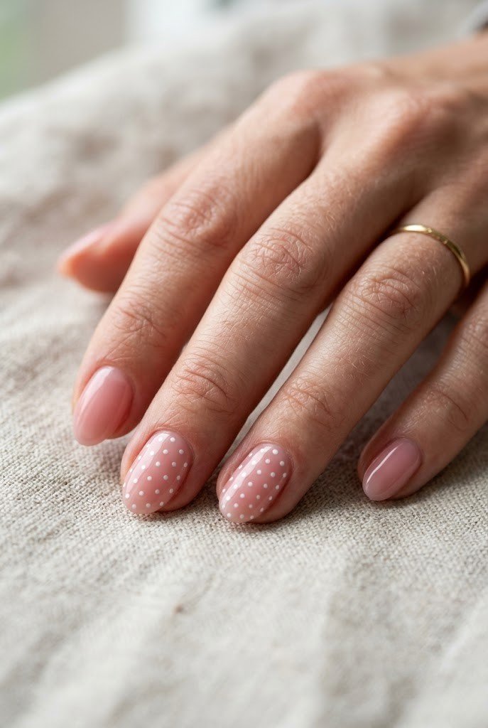 Tiny white polka dot accent nails on short almond shape