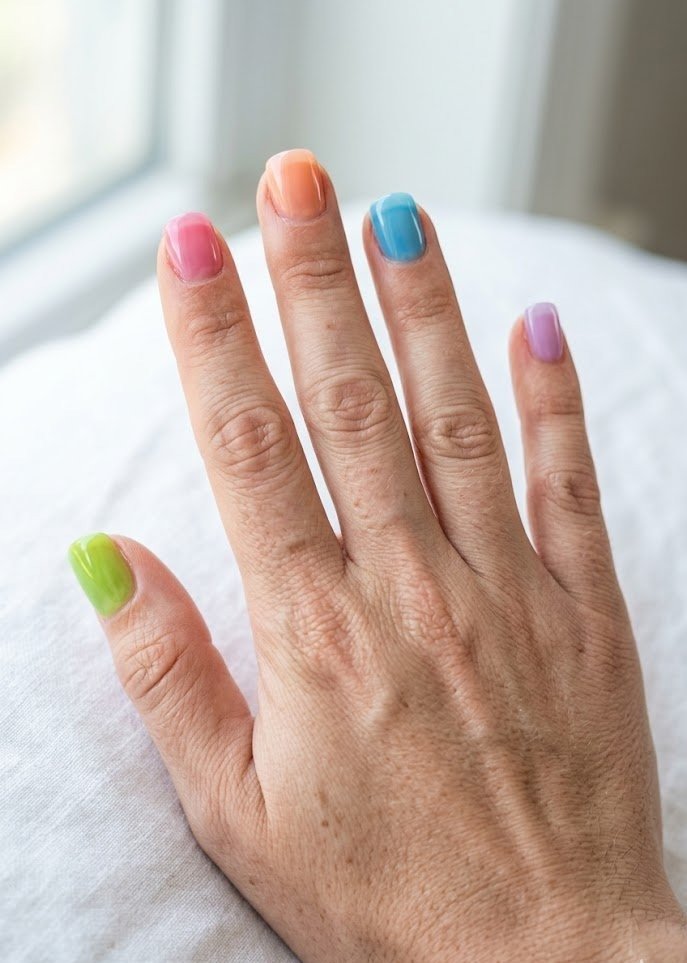 Rainbow jelly nails with a different translucent colour on each finger