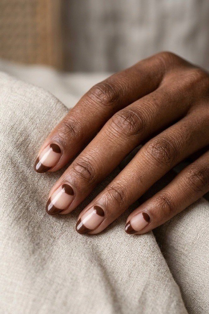 Reverse chocolate French with a brown moon at the cuticle on short almond nails