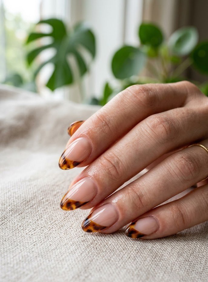 Reverse cuticle tortoiseshell French on short almond nails