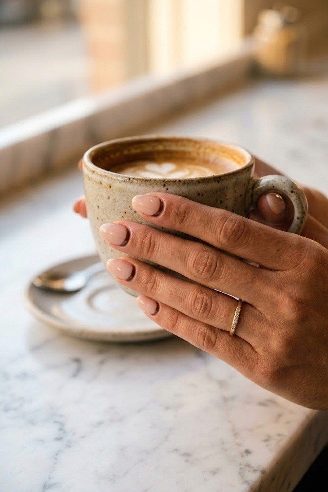 Reverse espresso micro moon at the cuticle on short almond nails