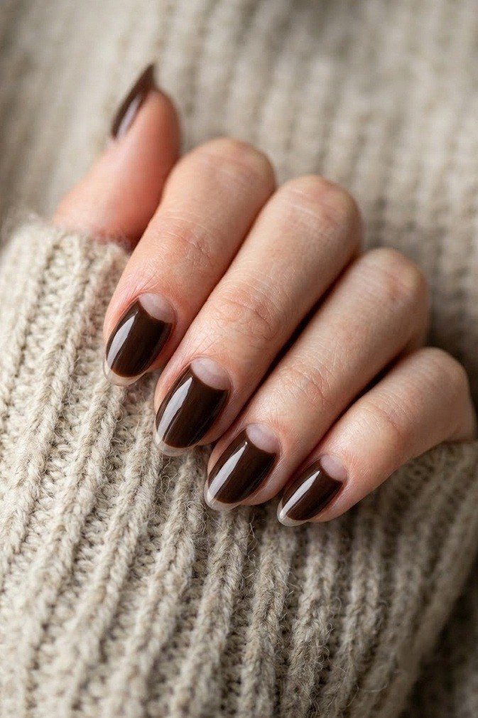 Reverse chocolate moon with negative space near the tip on short almond nails