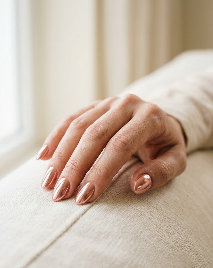 Short almond nails in soft rose-gold chrome