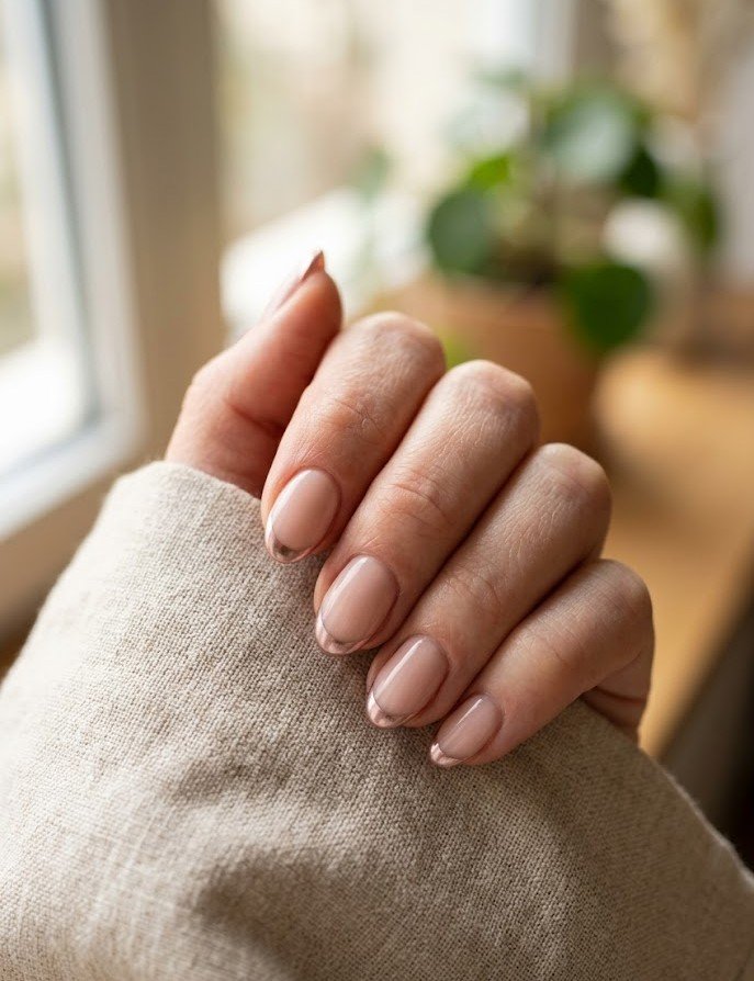 Short almond nails with thin rose-gold chrome micro-French tips