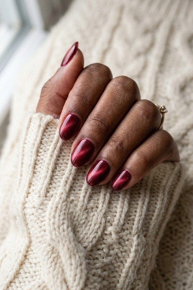 Ruby red velvet nails on short soft almond nails with a rosy shimmer shift