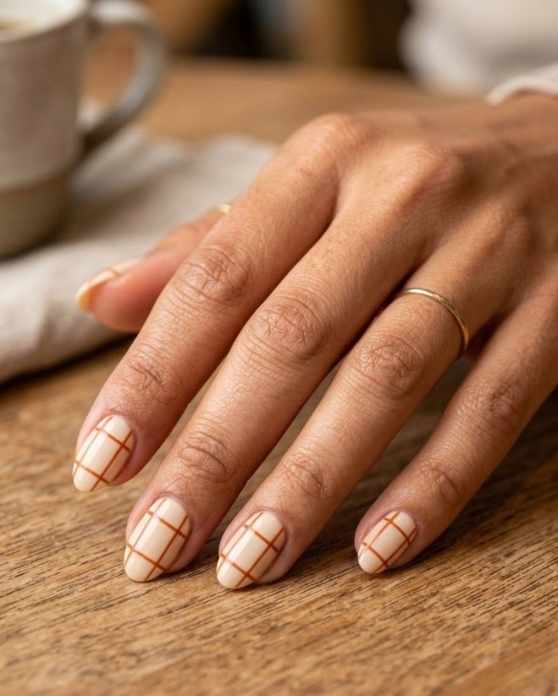 Short almond nails with a thin rust windowpane grid over a creamy oat base