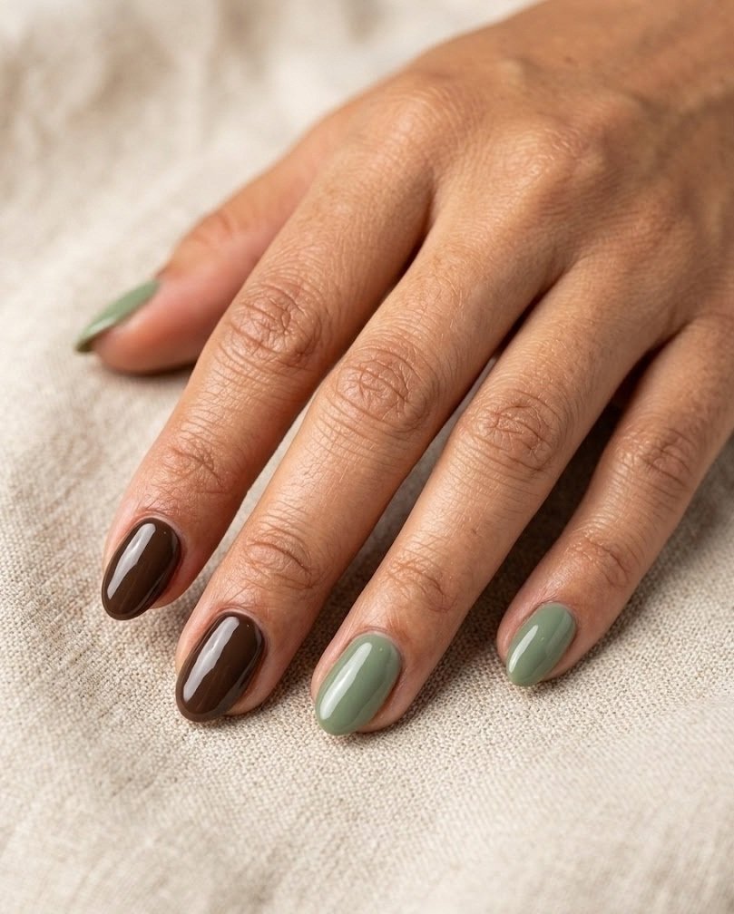 Short almond nails alternating sage green and chocolate brown on a medium skin tone hand