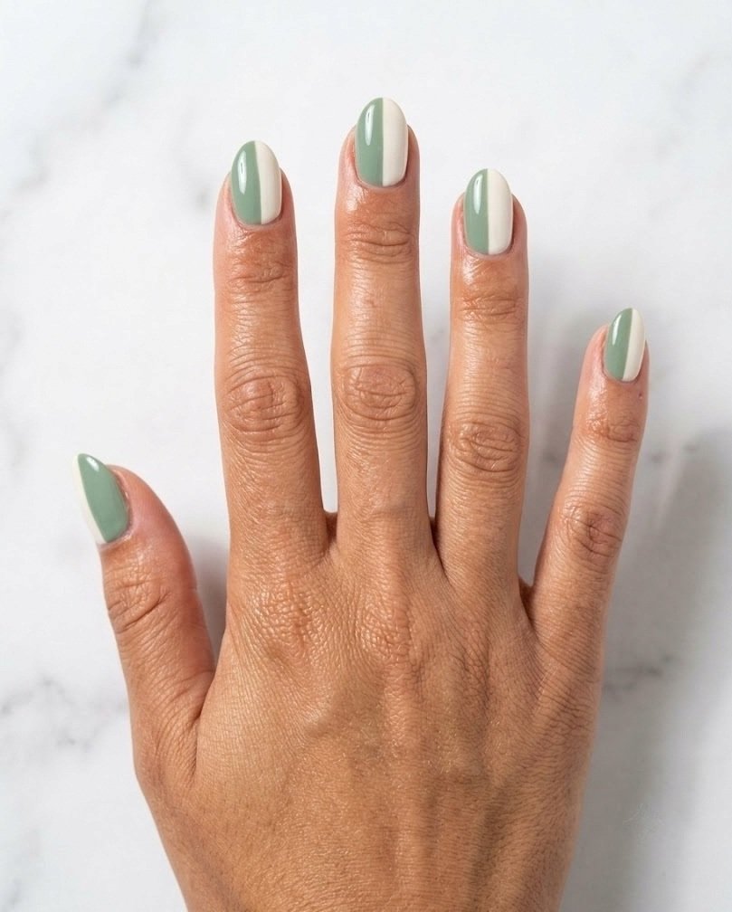 Short almond nails color-blocked half sage green and half cream on a tan skin tone hand