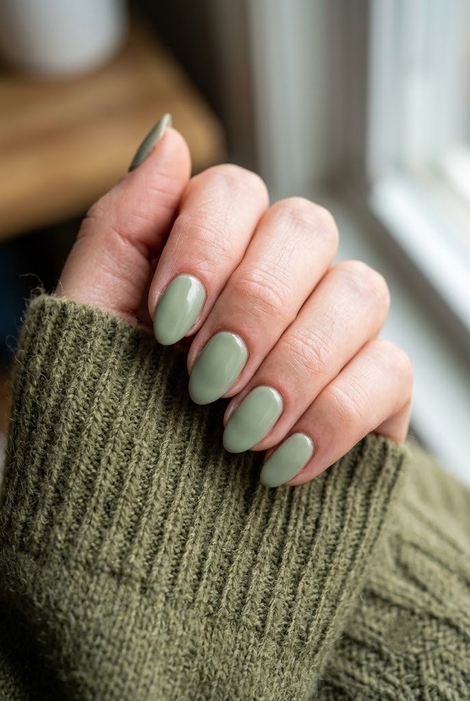 Short almond nails in muted sage green polish