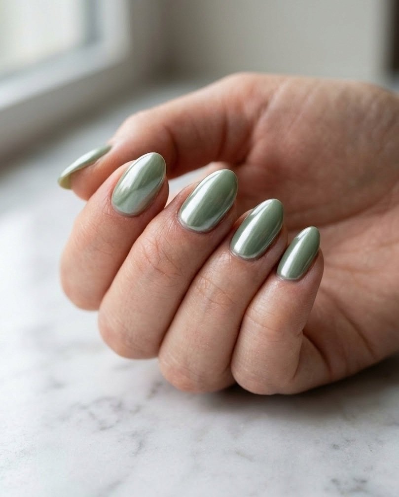 Short almond nails in metallic sage chrome on a fair skin tone hand