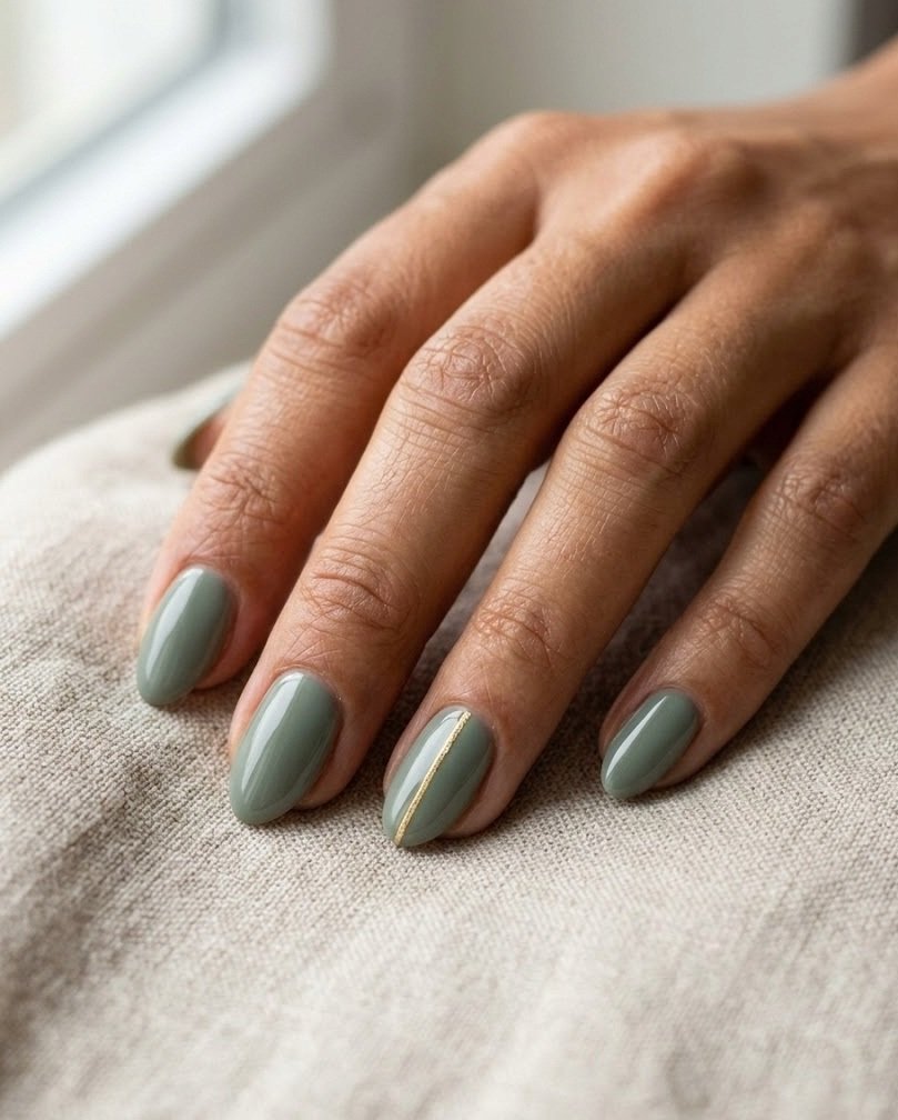 Short almond sage green nails with a thin gold foil line on the ring finger, tan skin tone hand