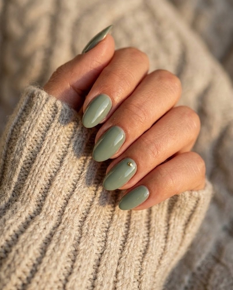 Short almond sage green nails with a single small gold stud near the cuticle, medium skin tone hand