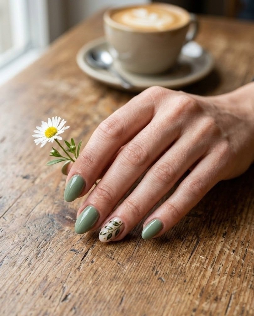 Short almond sage green nails with one hand-painted olive leaf accent nail, fair skin tone hand