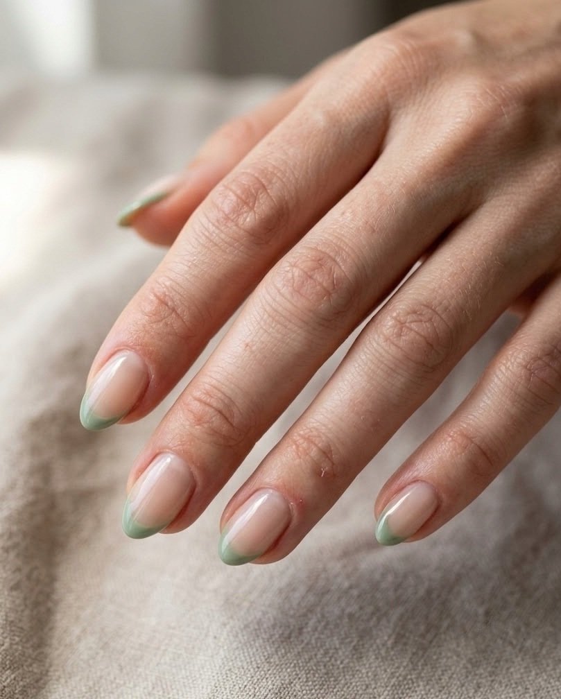 Short almond nails with an ultra-thin sage green micro-French tip on a fair skin tone hand