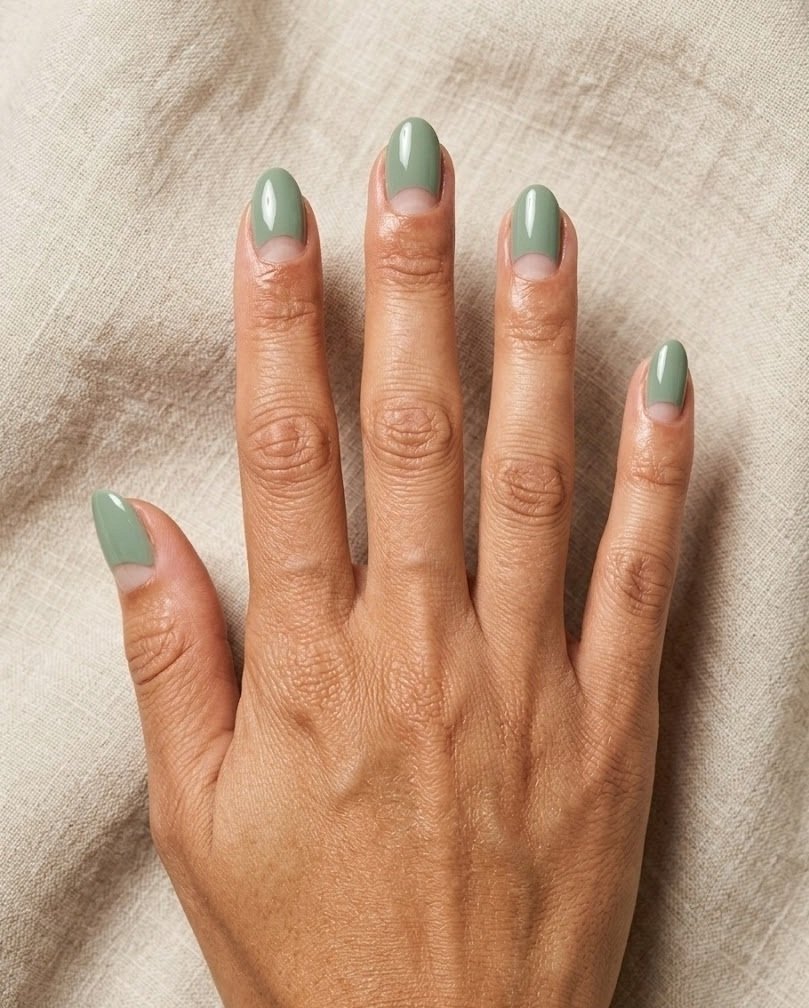 Short almond sage green nails with bare negative-space half-moons at the base, tan skin tone hand