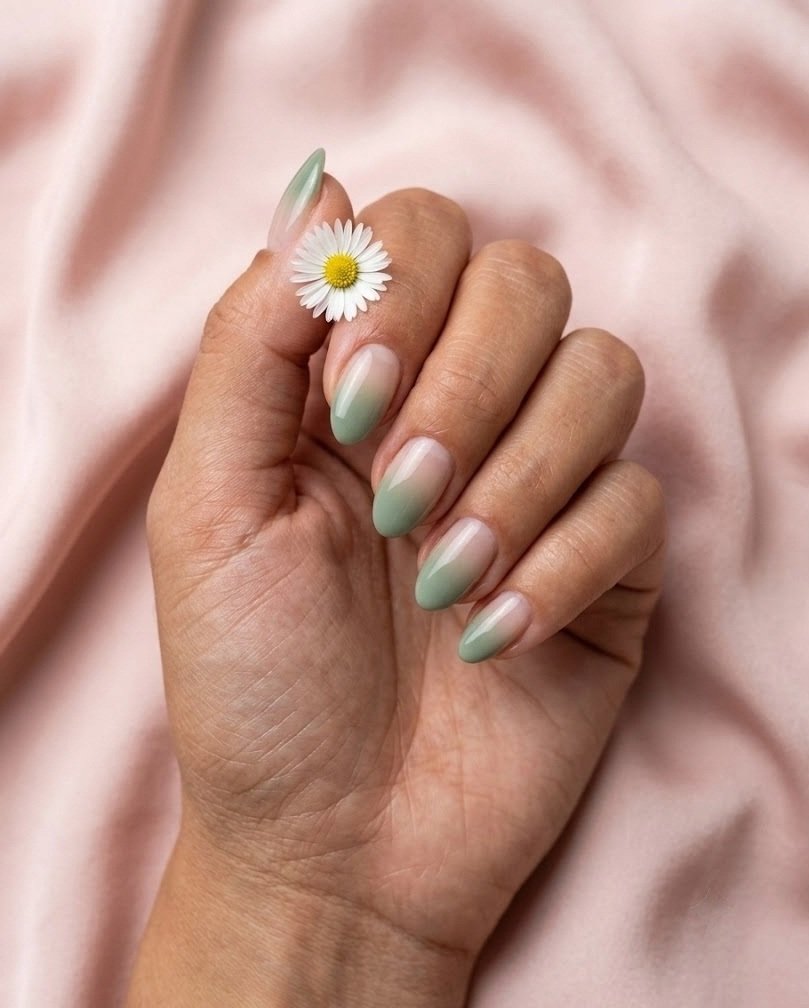 Short almond nails in a sage-to-blush ombre fade on a tan skin tone hand holding a flower