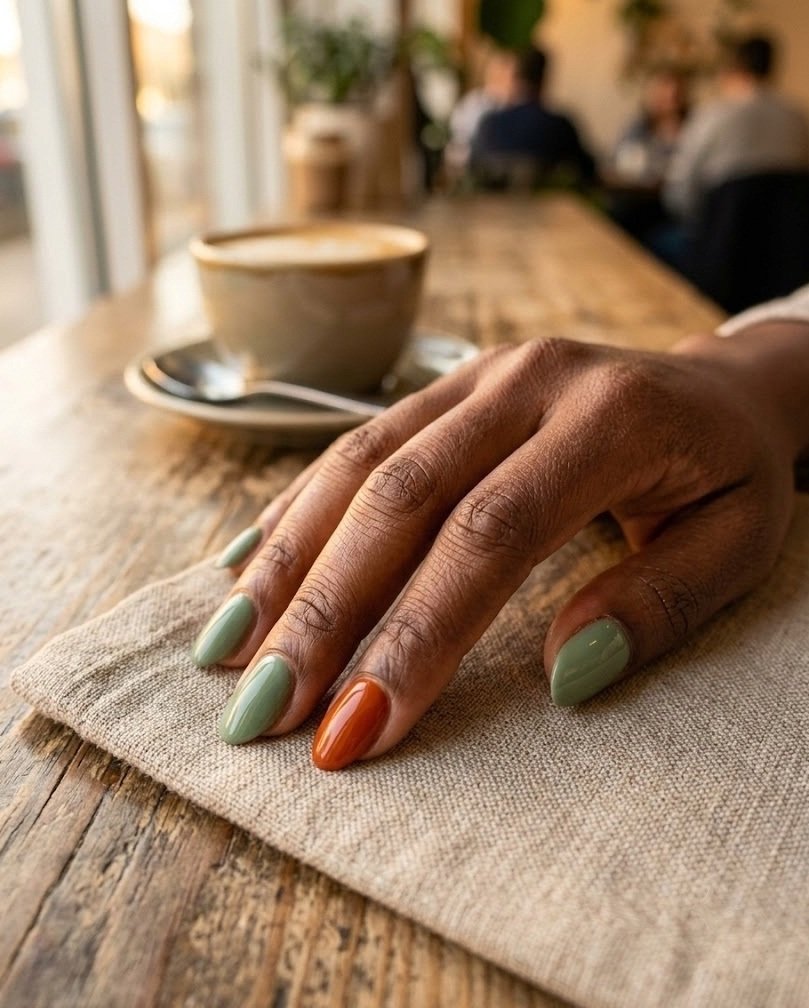 Short almond nails in sage green with rust orange accent nails on a deep skin tone hand
