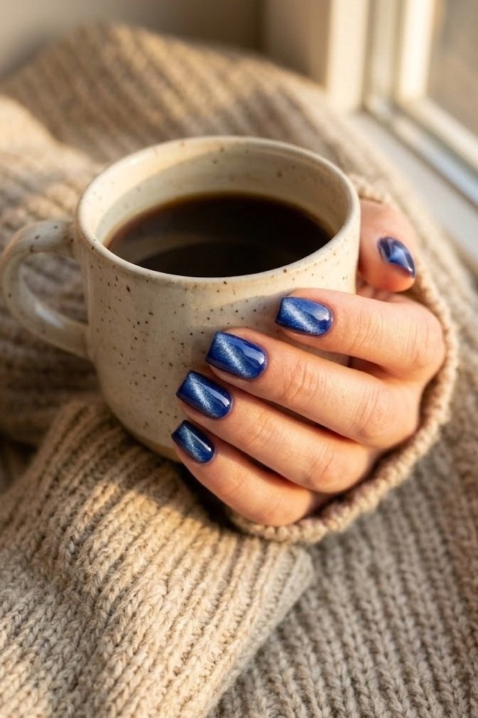 Sapphire blue velvet nails on short squoval nails with a silver-blue shimmer shift