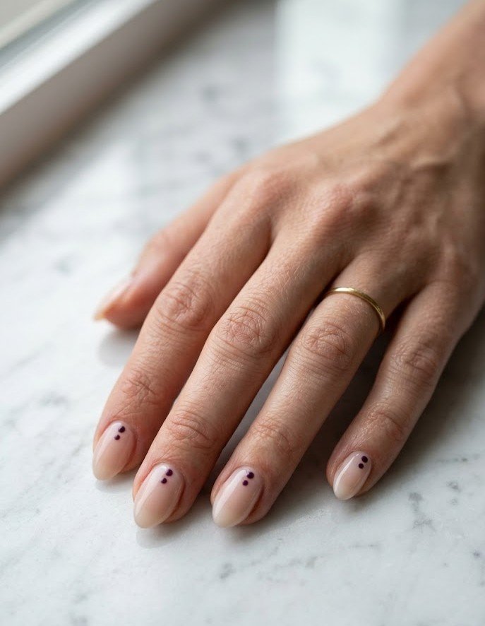 Milky sheer almond nails with tiny dark plum micro dots