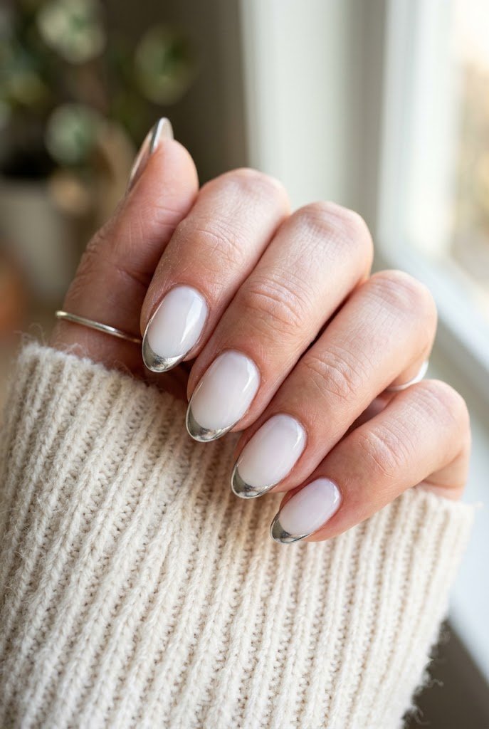 Silver chrome French tip on short almond nails