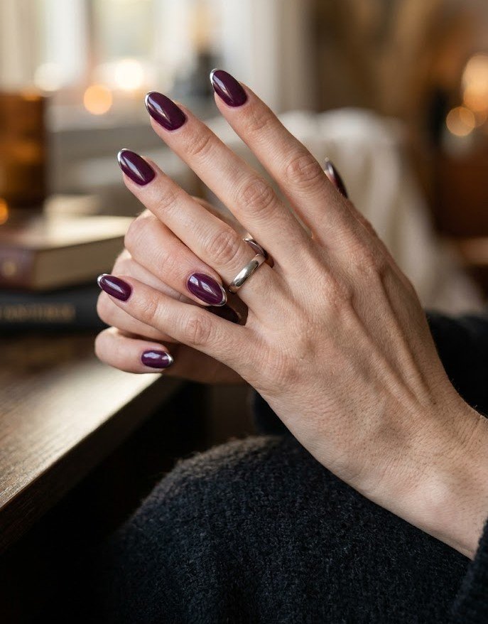 Thin silver chrome lines on dark plum French almond nails