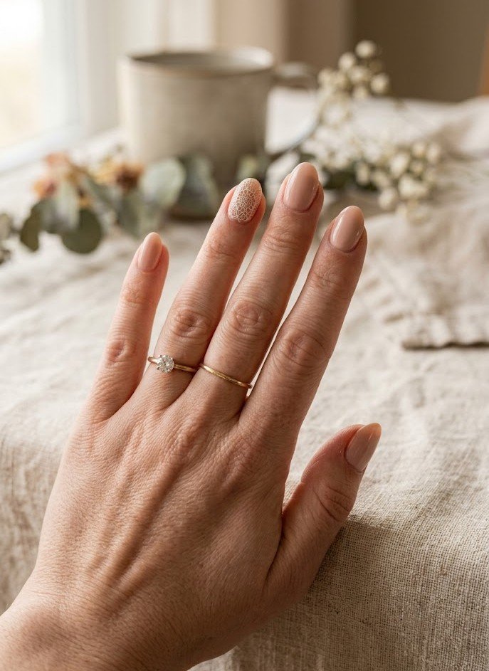 Single white doily accent nail on a nude short almond manicure