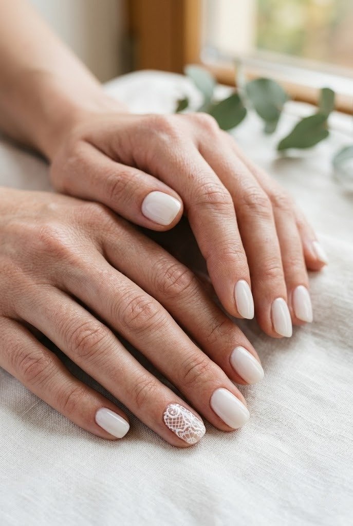 Single lace accent nail with milky neutral nails alongside