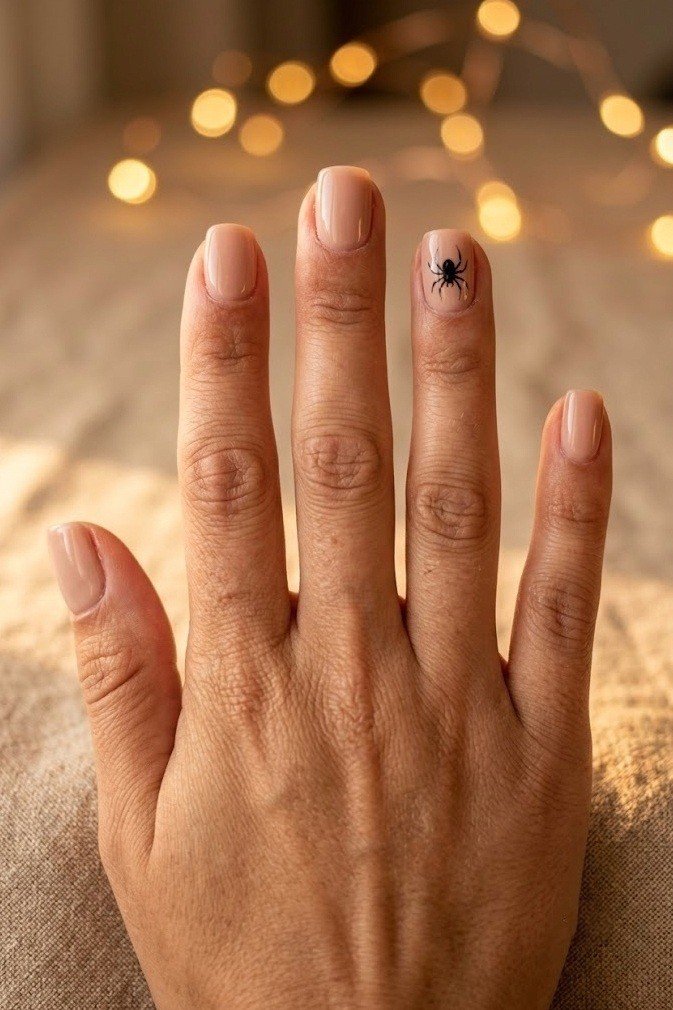 Short nude nails with one small black spider accent on the ring finger