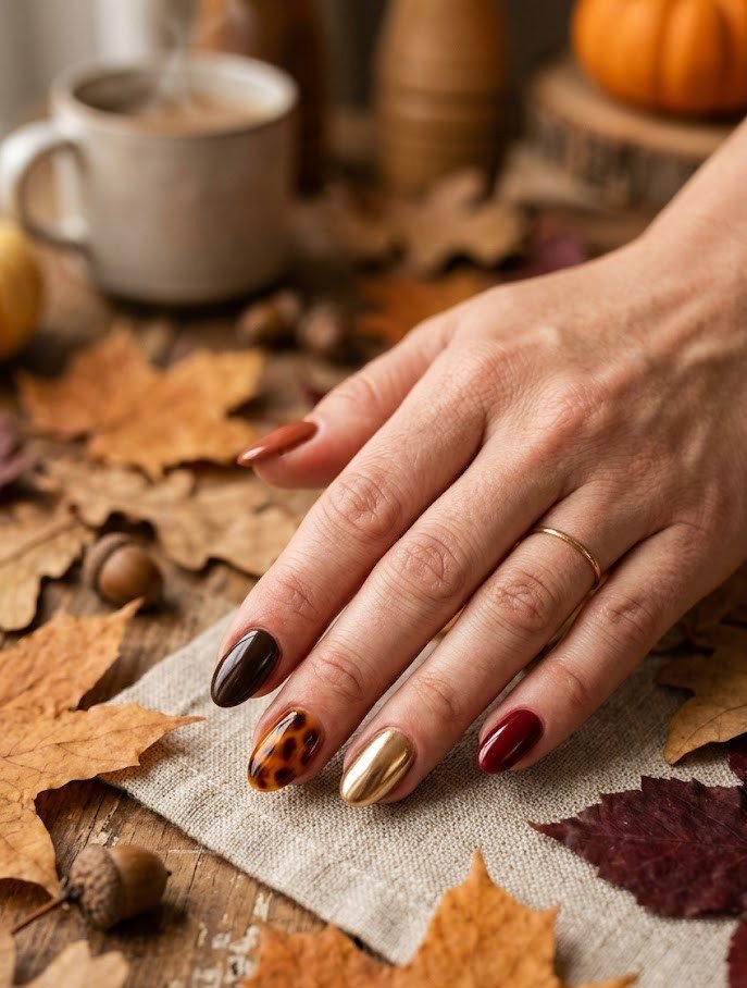 Short nails in a cohesive five-shade fall skittle: rust, espresso, tortie, gold chrome, cranberry