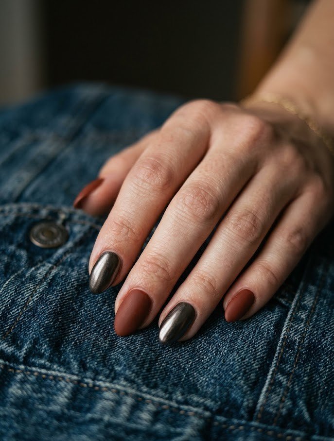 Short nails with rust and two bronze gunmetal chrome nails