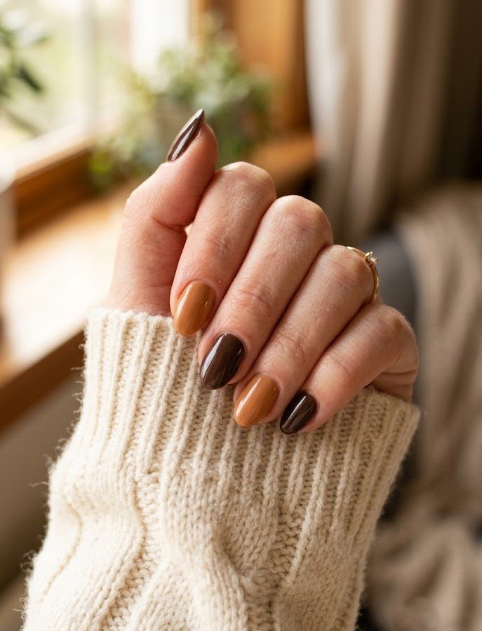 Short nails in chocolate and caramel two-tone brown manicure